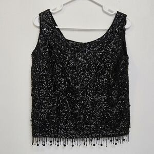 Vintage Sz Small Hand Beaded 100% Wool Boat Neck Whimsical Black Sequin Blouse